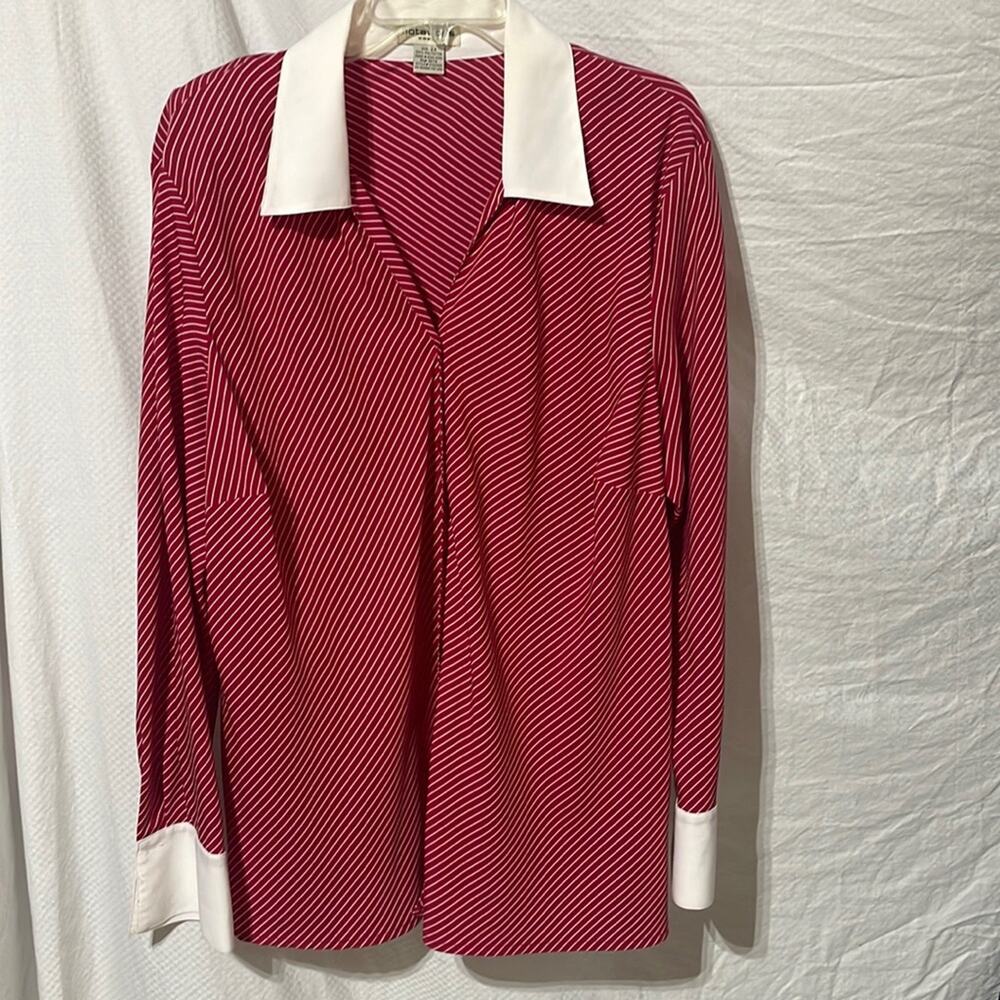 Notations 2x red white asymmetrical stripe blouse white collar french cuffs euc